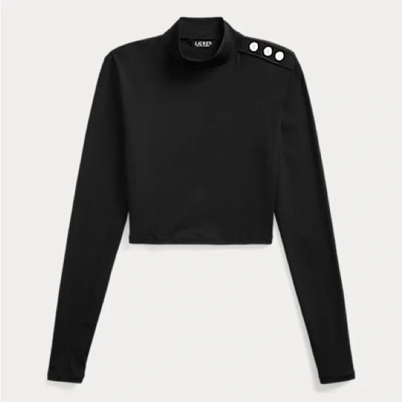 Lauren Ralph Lauren Ribbed Cropped Mockneck Rash Guard Black Swim TOP ONLY NEW - Picture 1 of 9